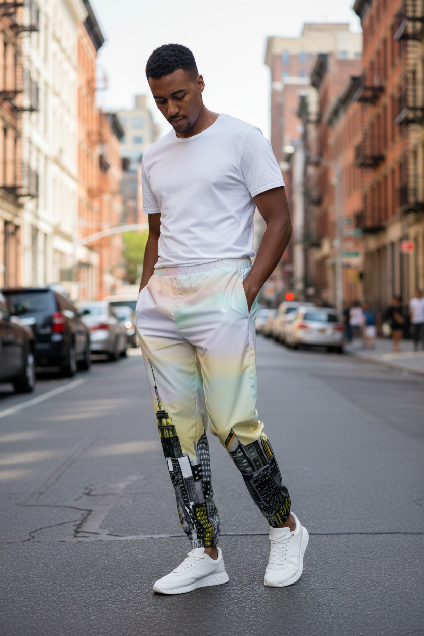 Man wearing a white t-shirt and colorful Loria NYC Art pants with cityscape design on an urban background