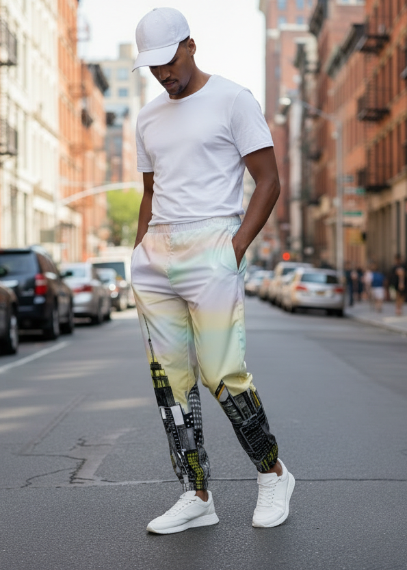 Person wearing a white t-shirt and Loria NYC Art colorful pants standing on a city street.
