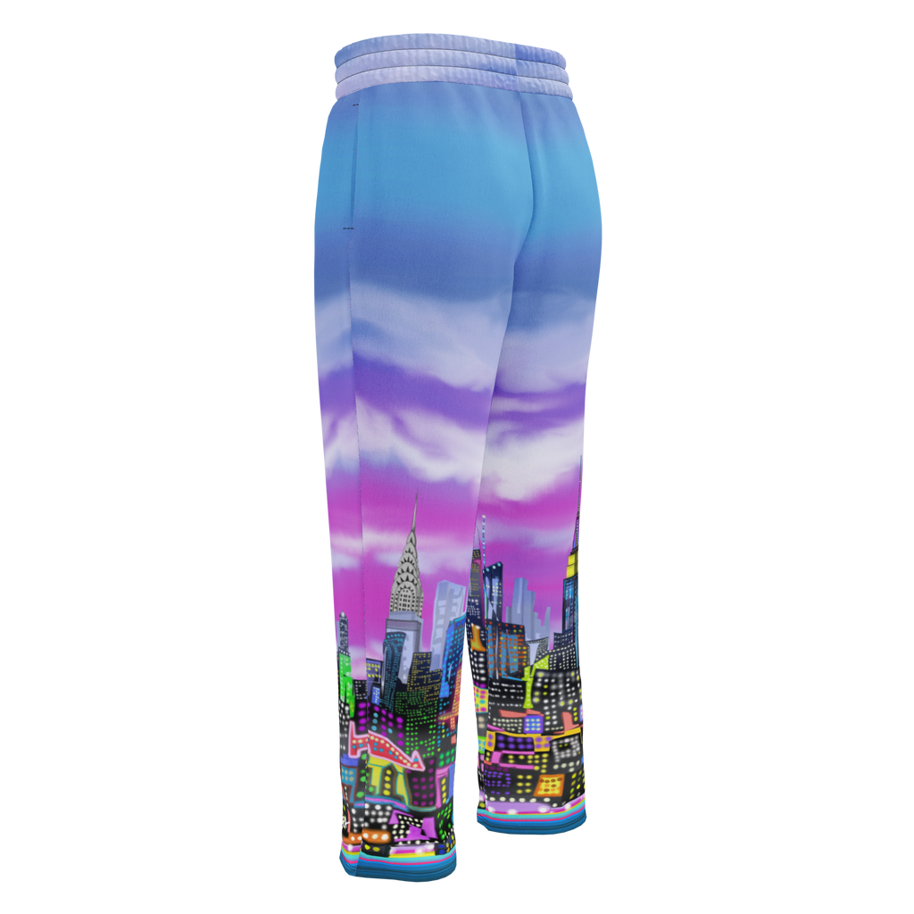 Colorful cityscape  Loria NYC Art design on a pair of blue sweatpants against a white background