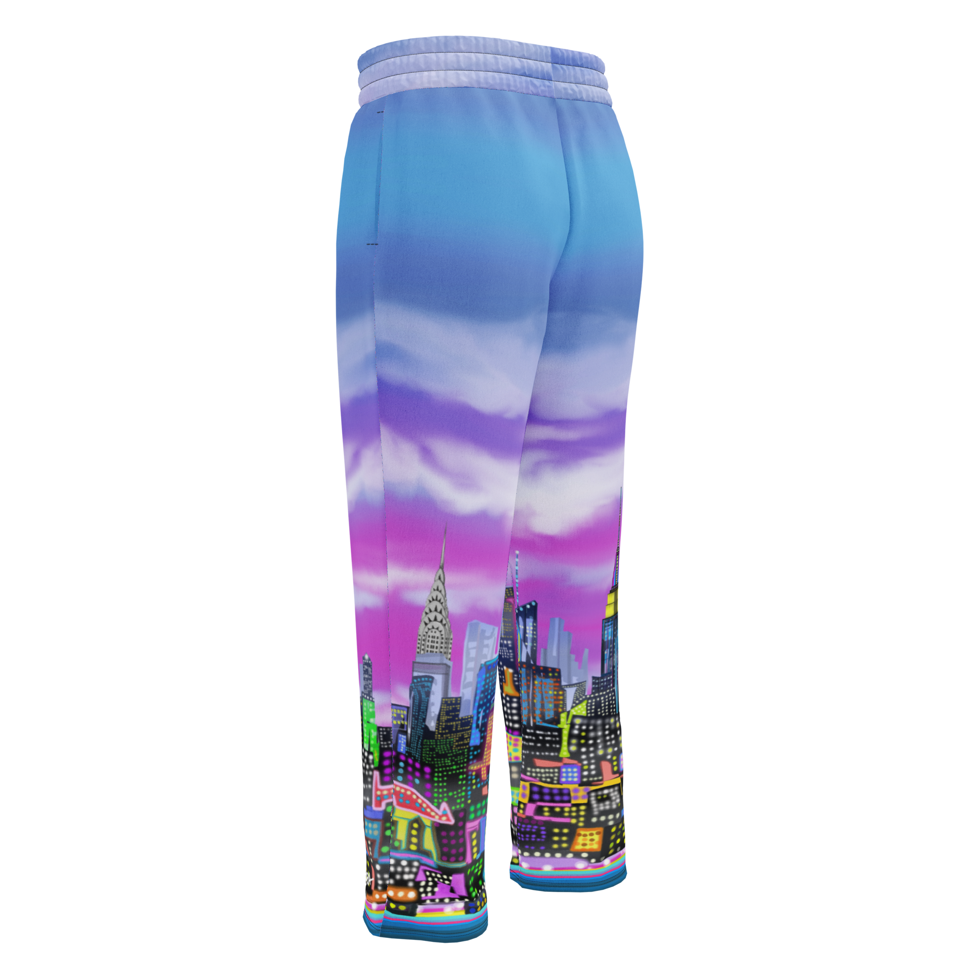 Colorful cityscape  Loria NYC Art design on a pair of blue sweatpants against a white background