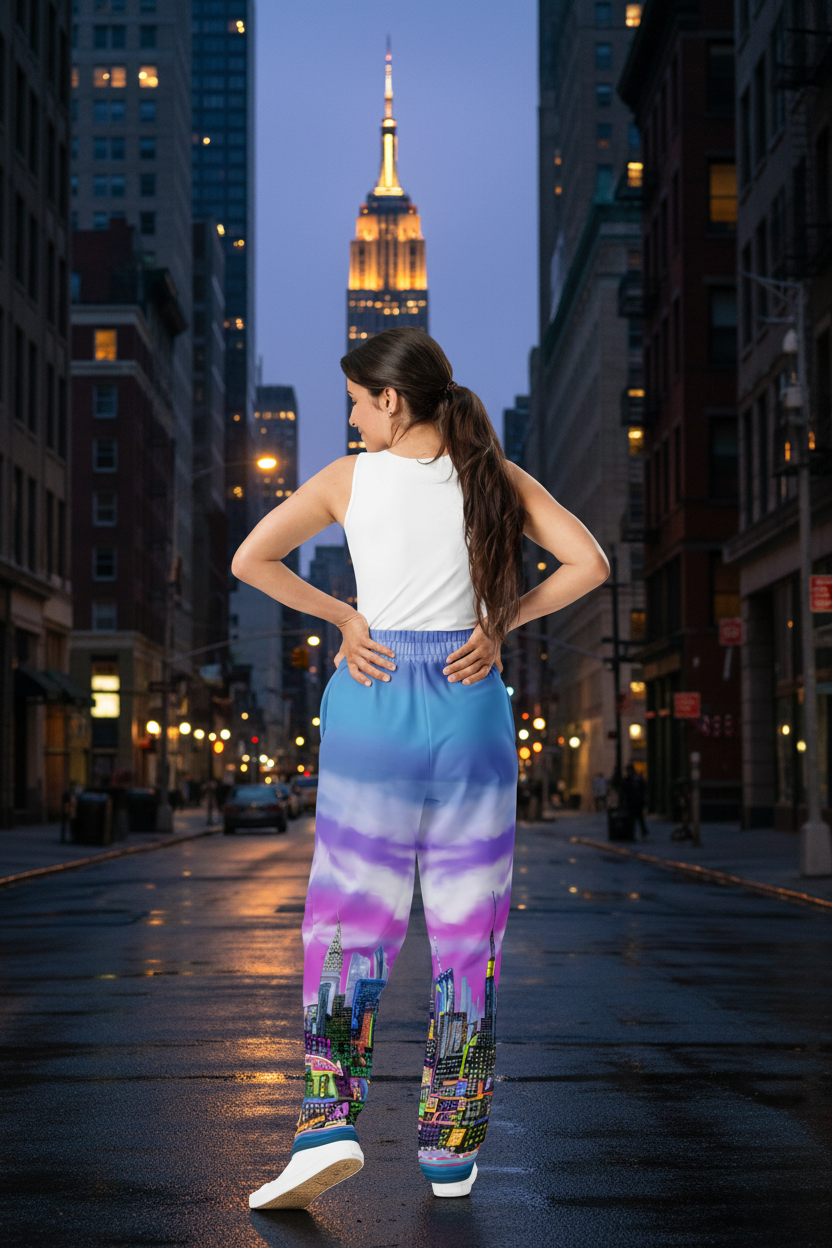 Woman wearing colorful Loria NYC Art pants with a cityscape design on a urban background