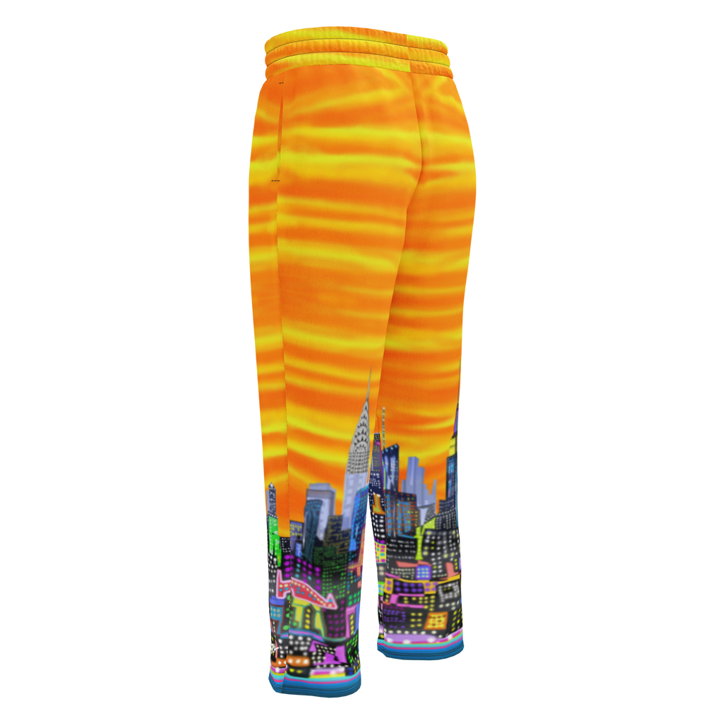 Colorful Loria NYC Art sweatpants with a cityscape design on a white background