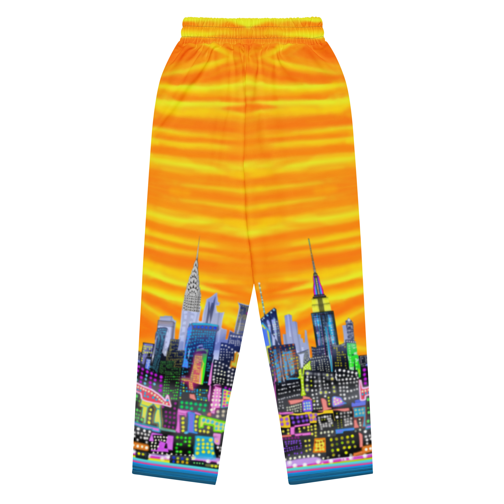 Colorful pants with a Loria NYC Art cityscape design on a white background