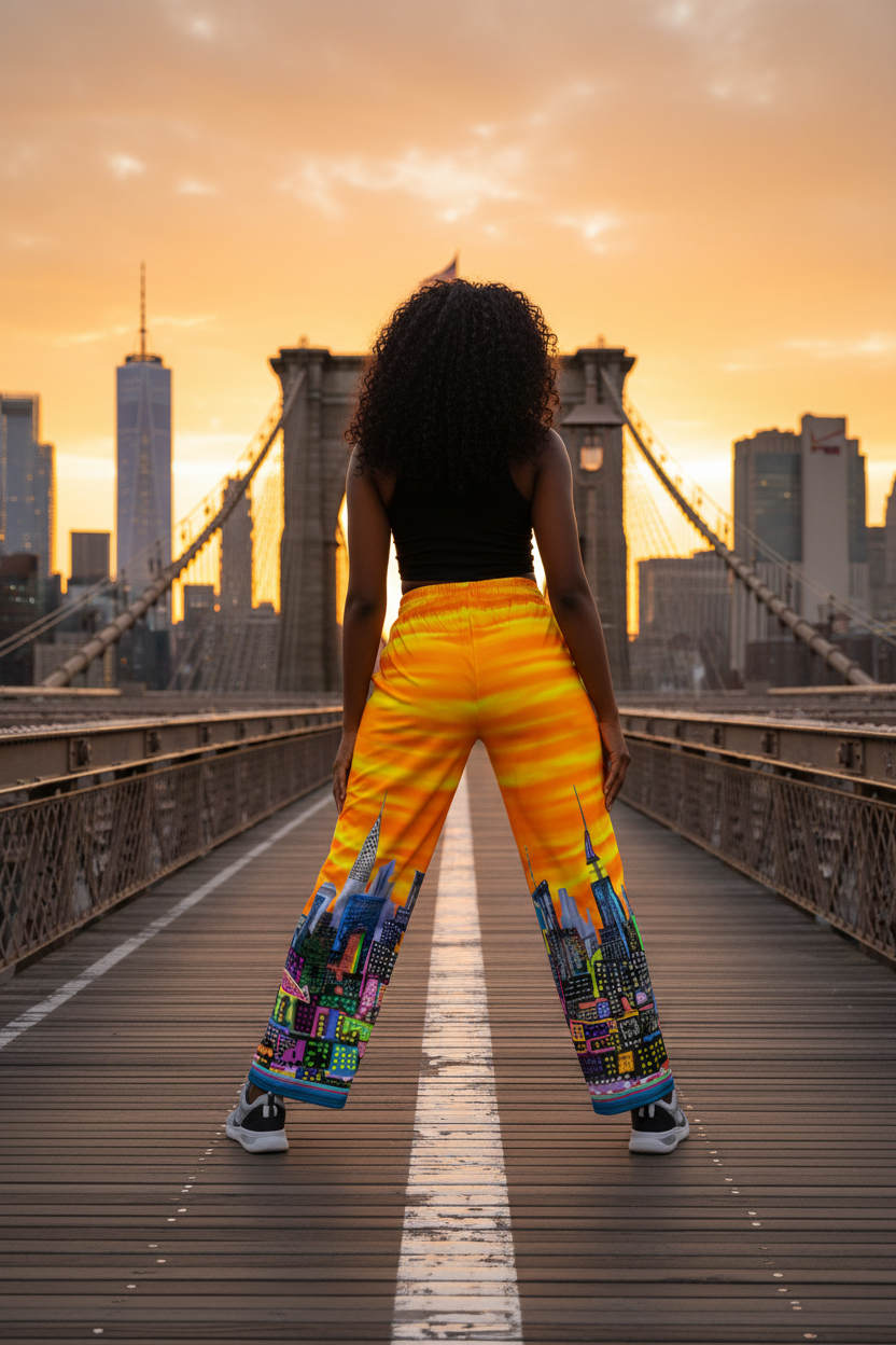 Person standing on a bridge wearing city skyline Loria NYC Art pants with sunset in the background