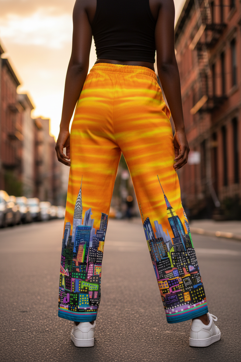 Person wearing bright orange Loria NYC Art pants with cityscape design on a street.