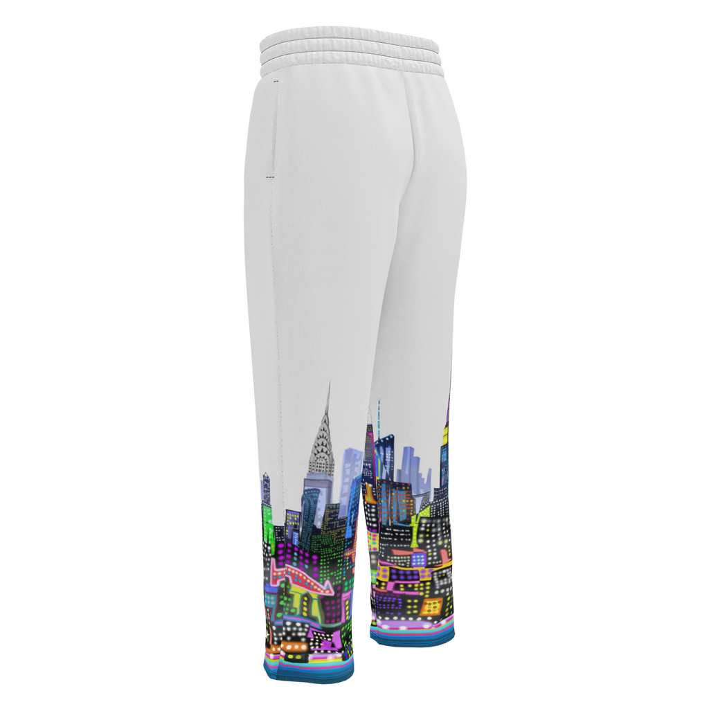 White sweatpants with a colorful cityscape Loria NYC Art design on a white background