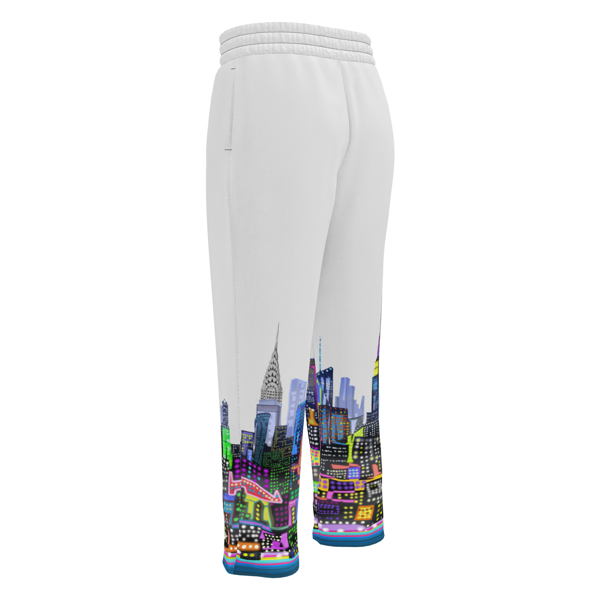 White sweatpants with a colorful cityscape Loria NYC Art design on a white background