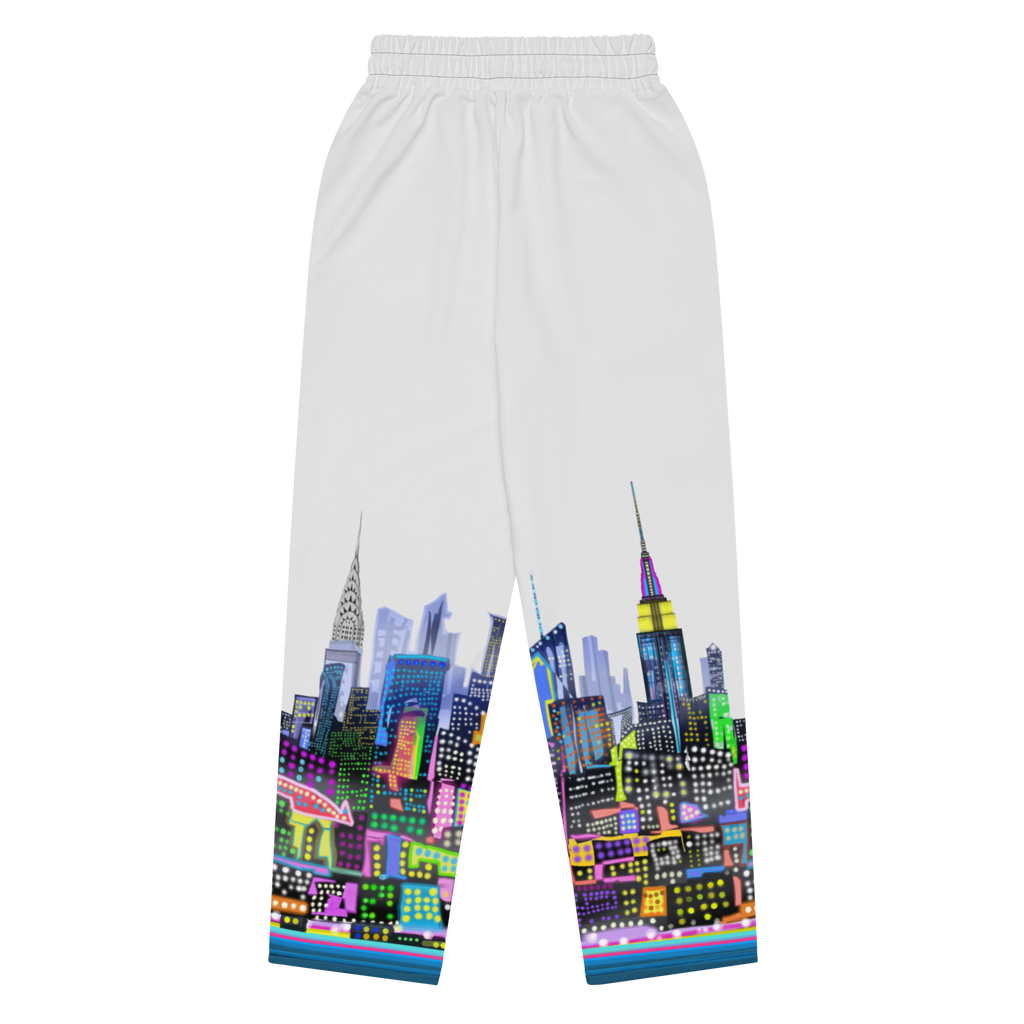 Back of sweatpants with a Loria NYC Art colorful cityscape design on a white background