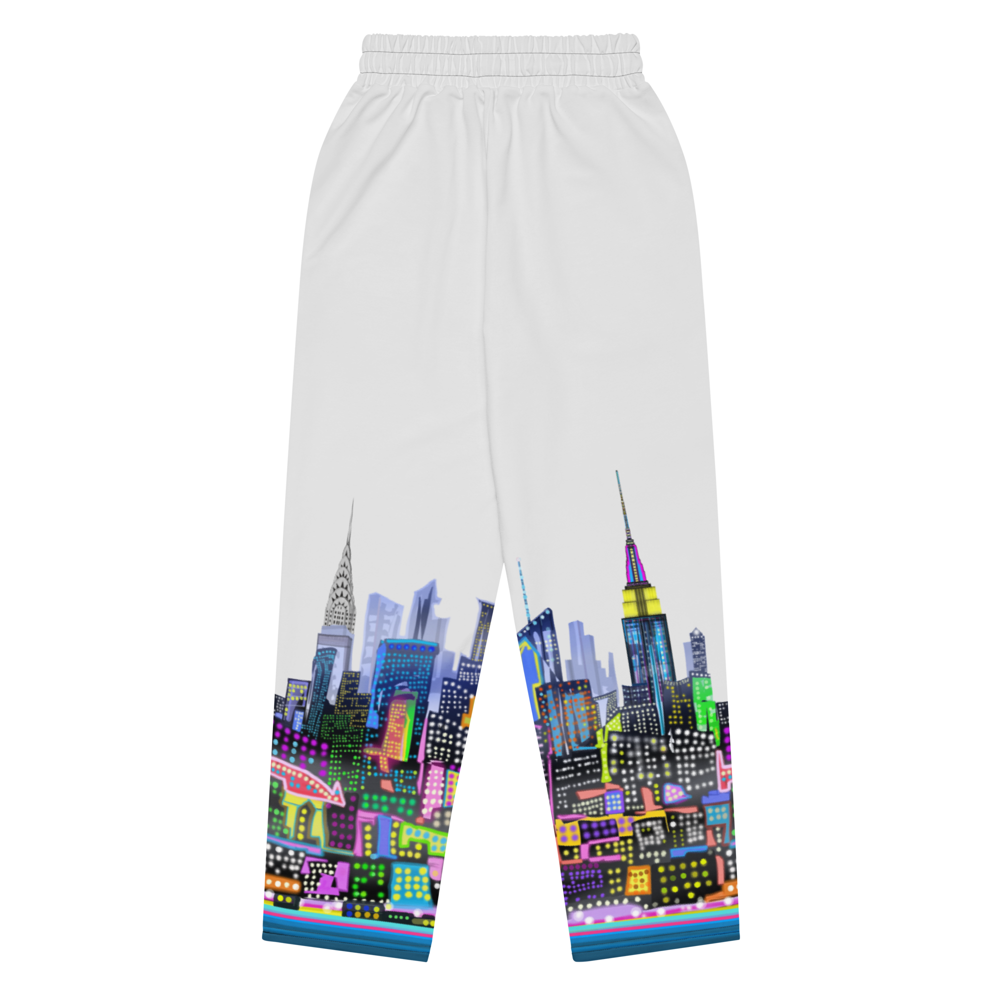 Back of sweatpants with a Loria NYC Art colorful cityscape design on a white background