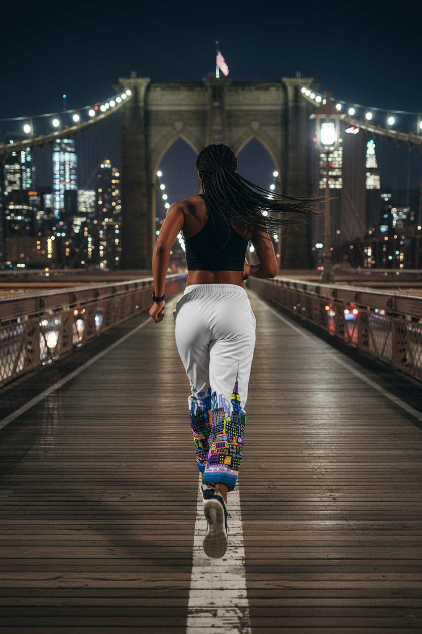 Person running on a bridge with the Brooklyn Bridge wearing Loria NYC Art pants with  city lights in the background