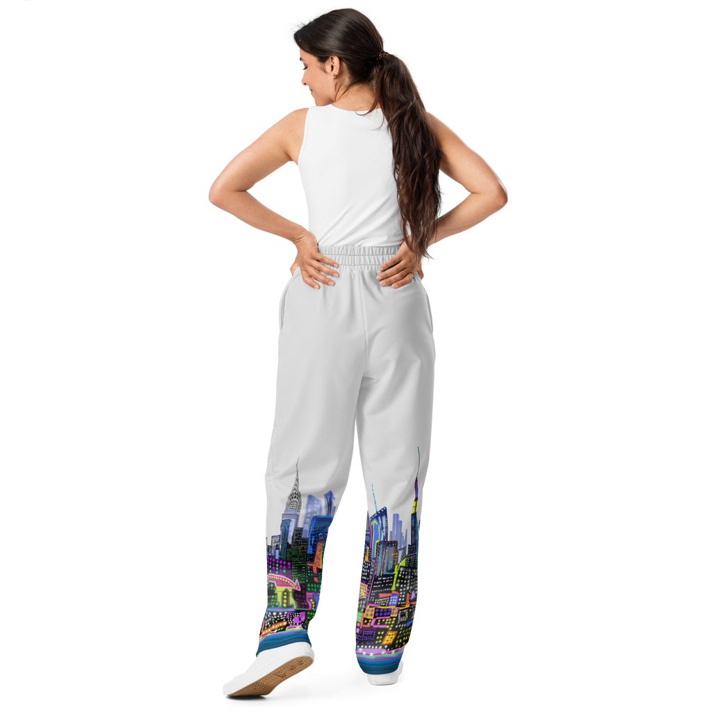 Back of Women wearing Pants with colorful skyline Loria NYC Art design on white background 
