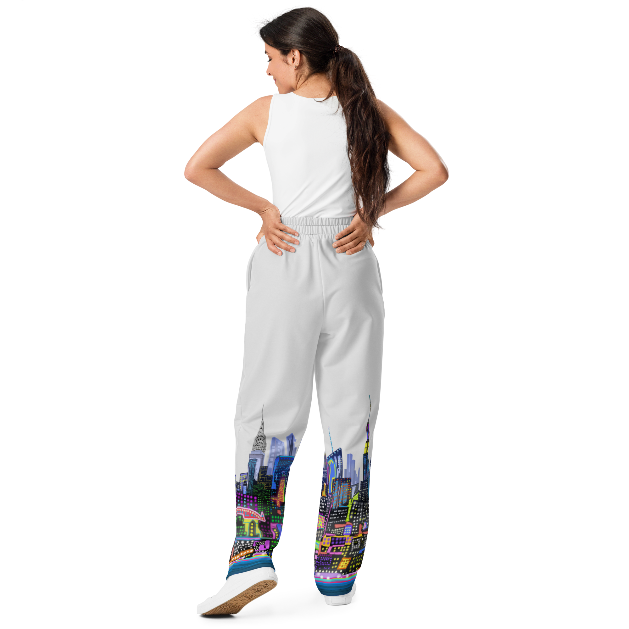 Back of Women wearing Pants with colorful skyline Loria NYC Art design on white background 