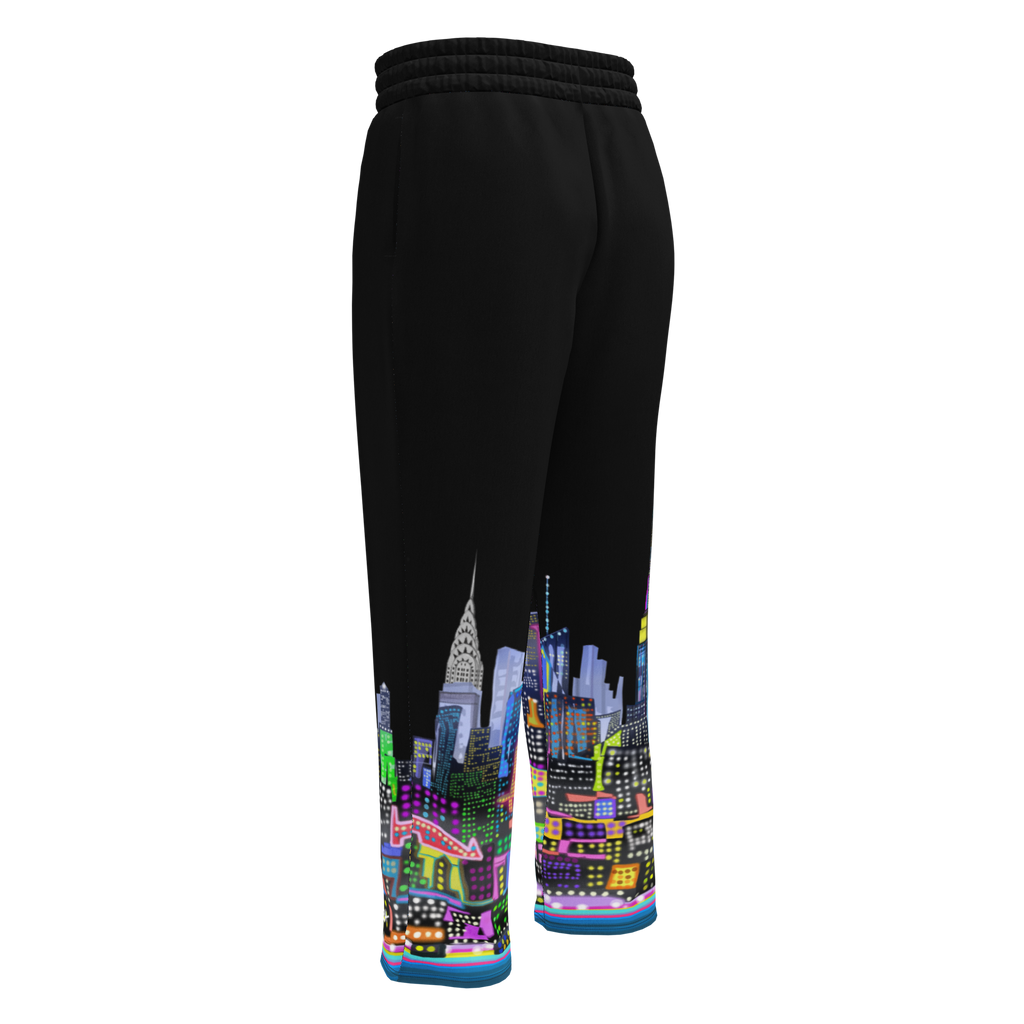 Black sweatpants with a colorful cityscape Loria NYC Art design on a white background