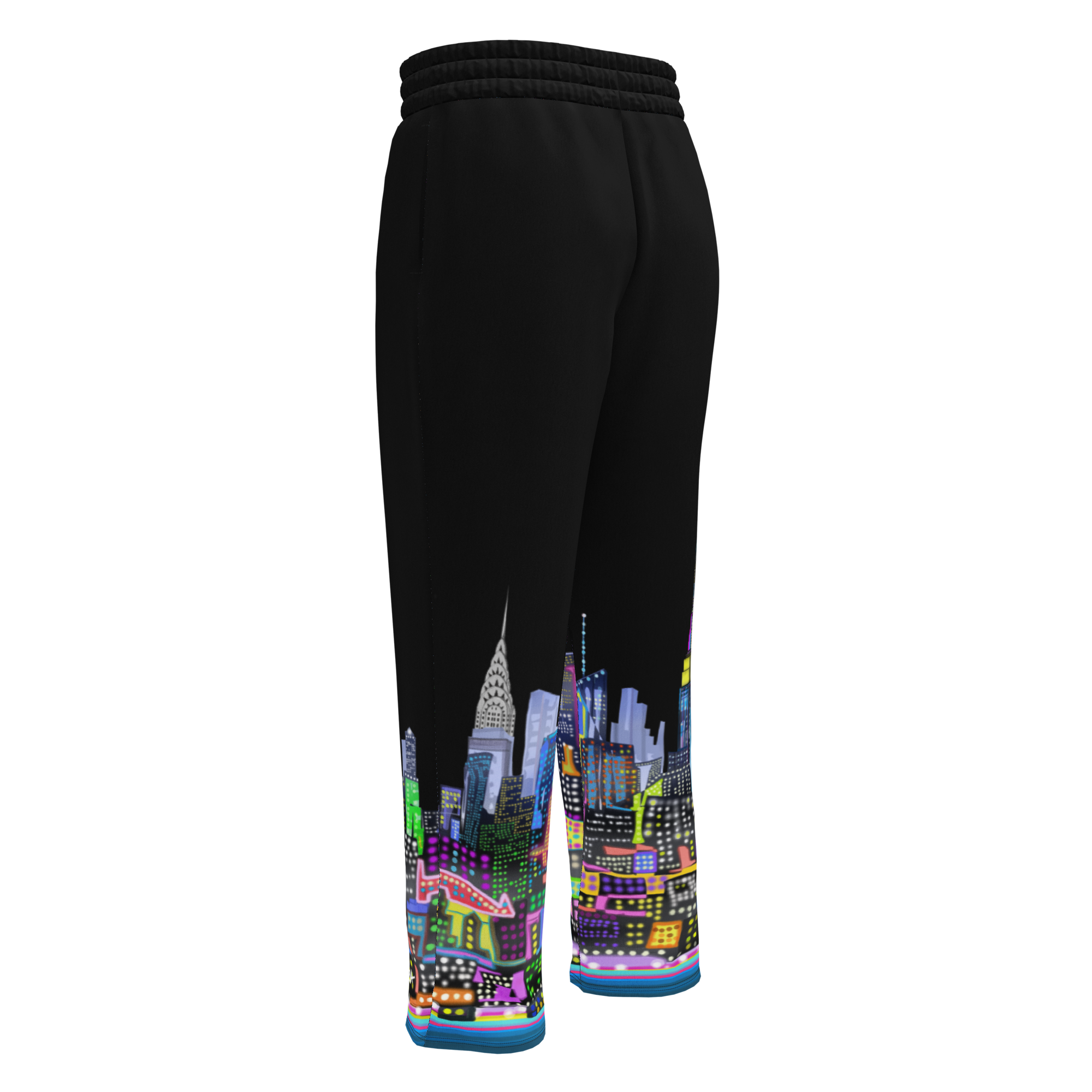 Black sweatpants with a colorful cityscape Loria NYC Art design on a white background