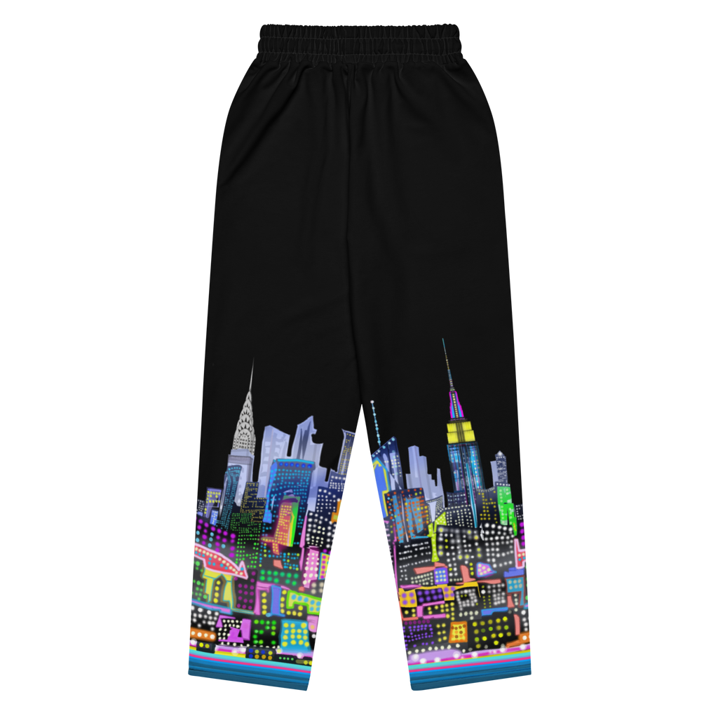 Black pants with a colorful Loria NYC Art cityscape design on a white background