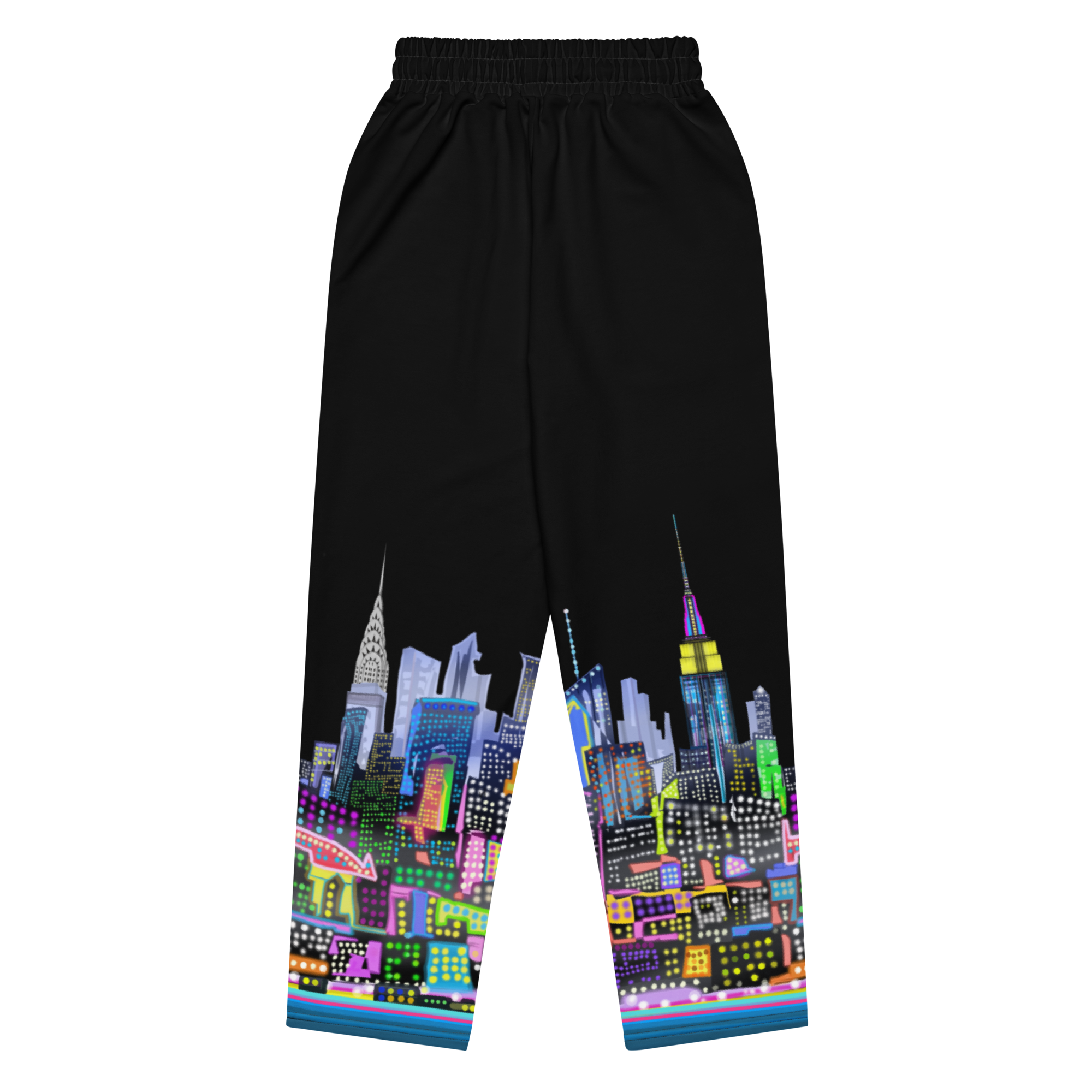 Black pants with a colorful Loria NYC Art cityscape design on a white background