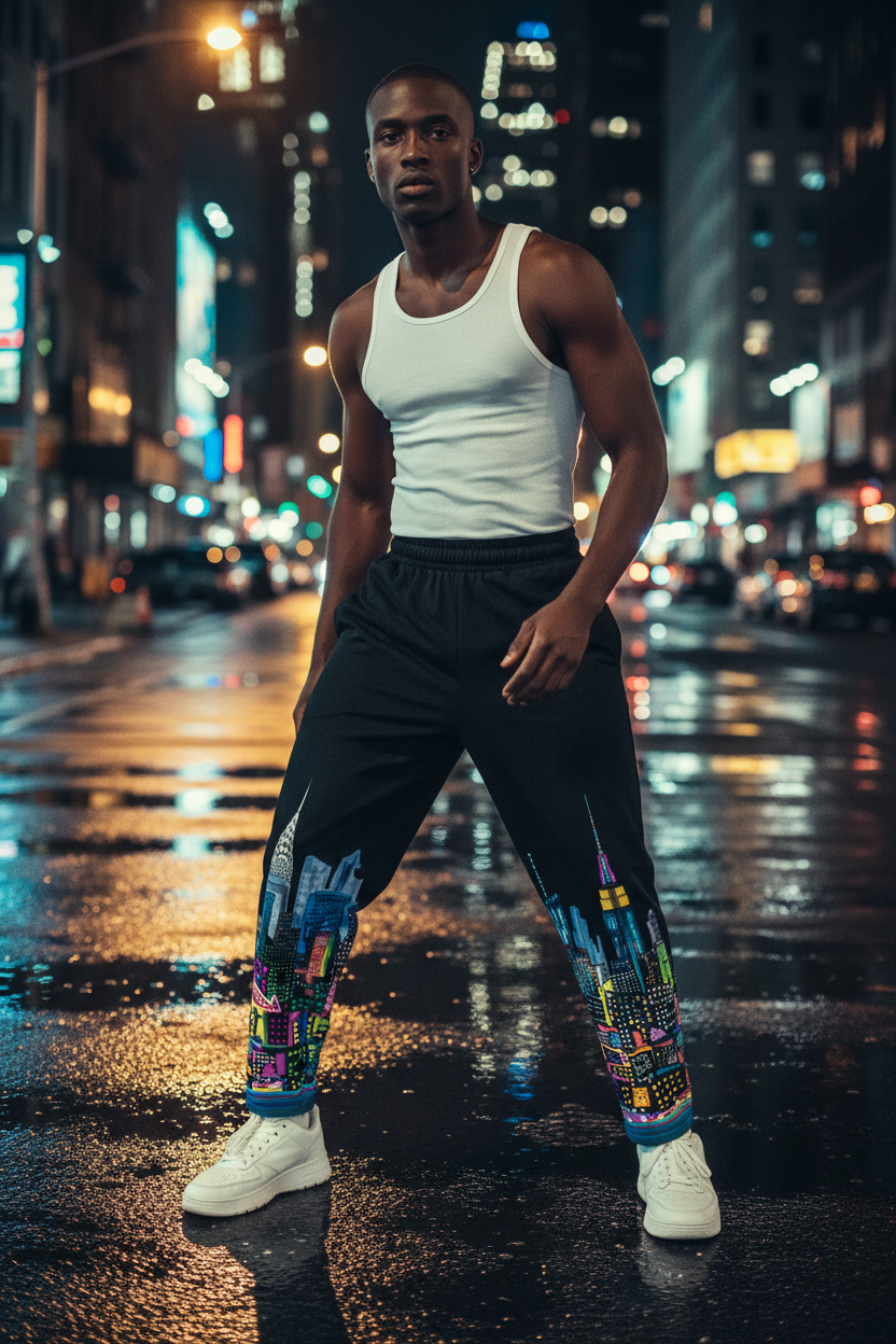 Person wearing a white tank top and colorful Loria NYC Art pants on a city street at night.