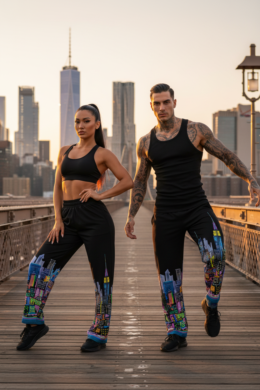 Two people in athletic Loria NYC Art wear standing on a bridge with city skyline in the background