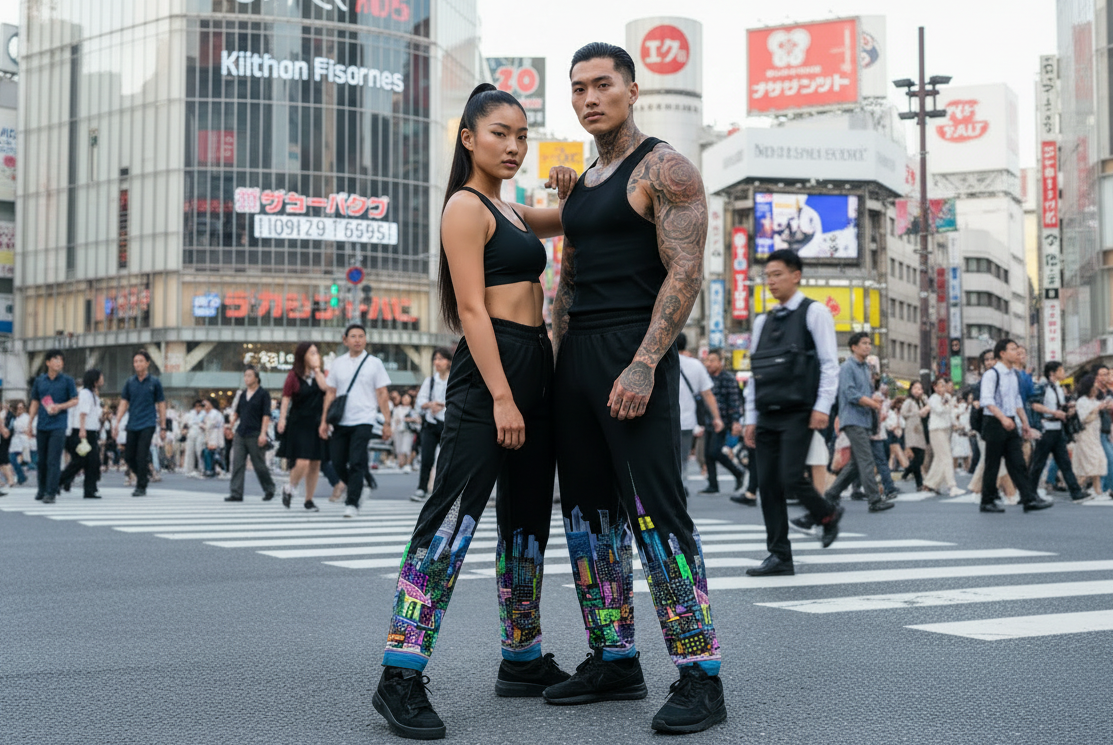 A man and a woman standing in the middle of a busy city crosswalk. The woman wears a black sports bra and black pants with colorful graffiti-style Loria NYC Art, while the man wears a black tank top and same black pants.
