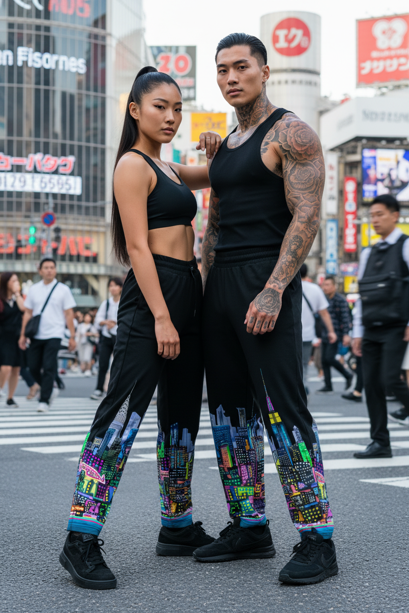 Two people standing in a busy urban street with Loria NYC Art colorful pants.