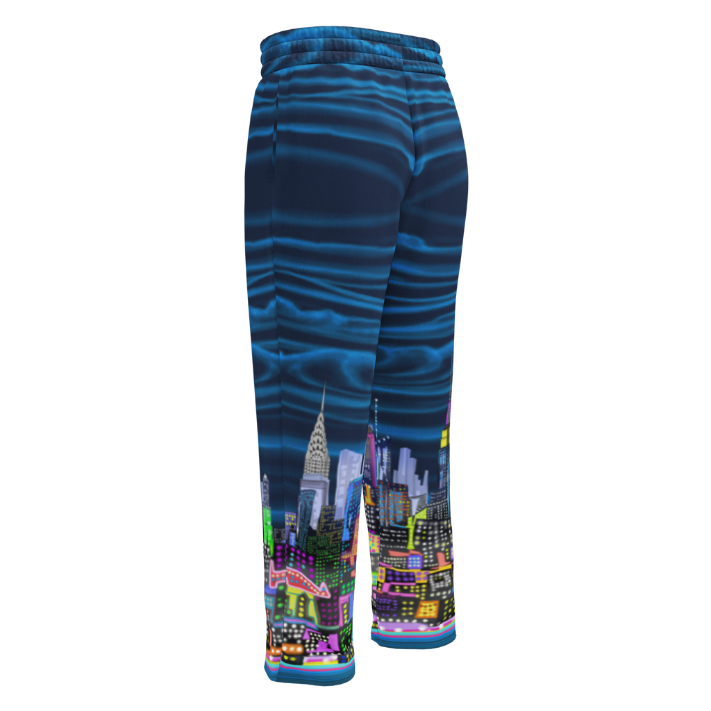 Blue pants with a colorful Loria NYC Art cityscape design on a white background