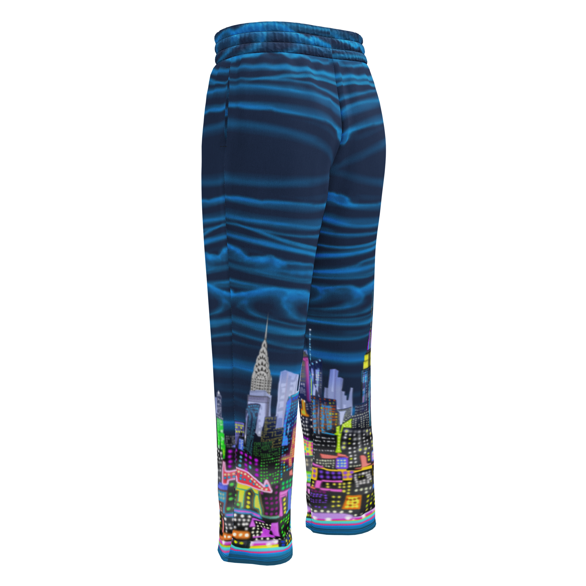 Blue pants with a colorful Loria NYC Art cityscape design on a white background