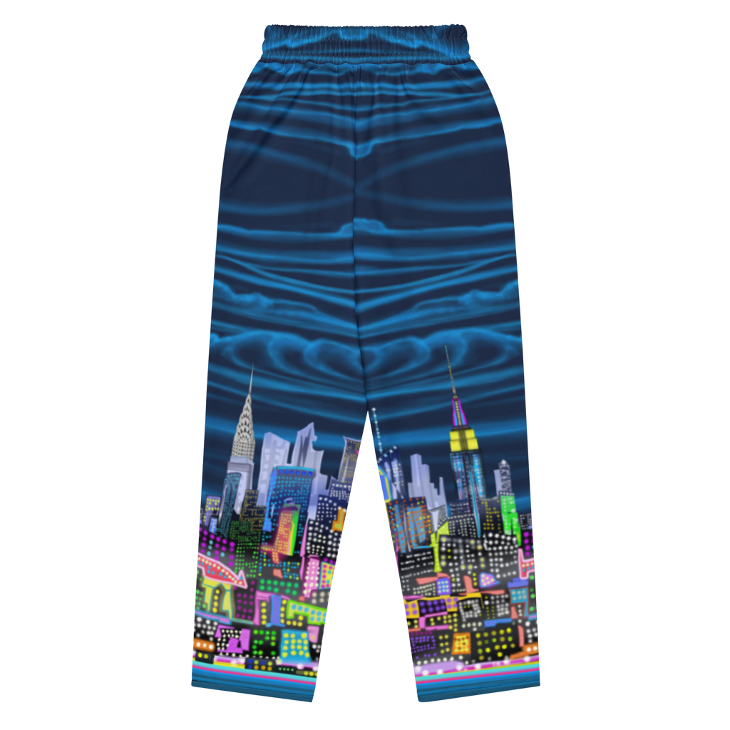 Blue Pants with a Loria NYC Art cityscape design on a white background