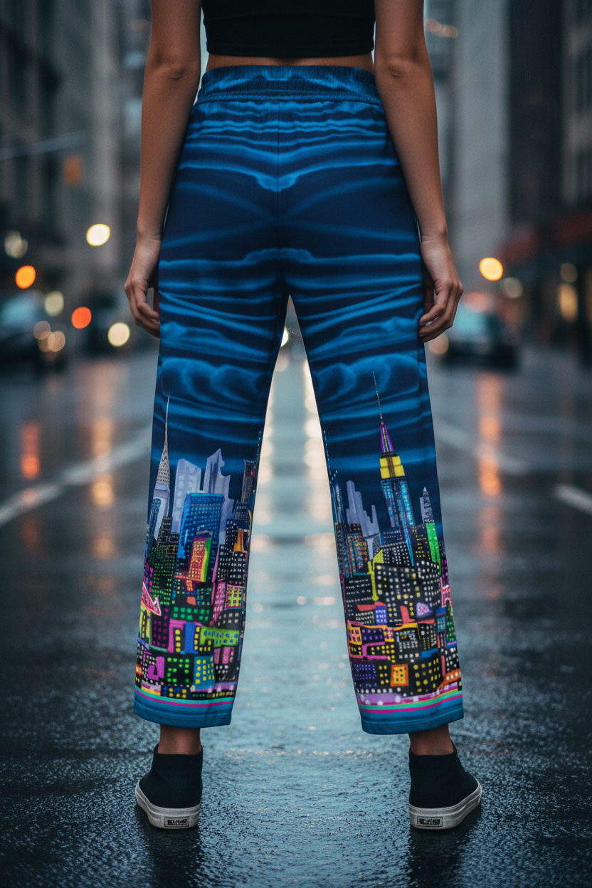 Person wearing blue pants with Loria NYC Art cityscape design on a city street at night.