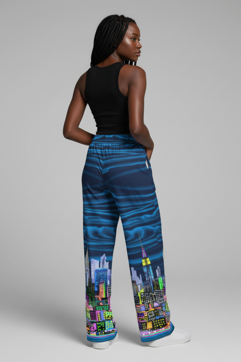 Person wearing blue pants with cityscape Loria NYC Art design on a gray background