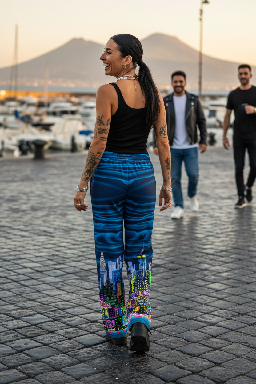 Woman in colorful Loria NYC Art pants walking on a paved path with boats and people in the background