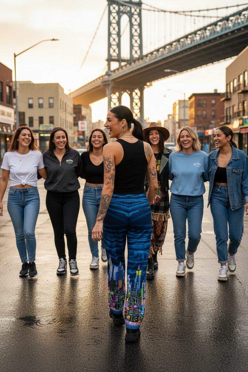Girl wearing blue Loria NYC Art sweatpants with women walking together on a city street with a bridge in the background