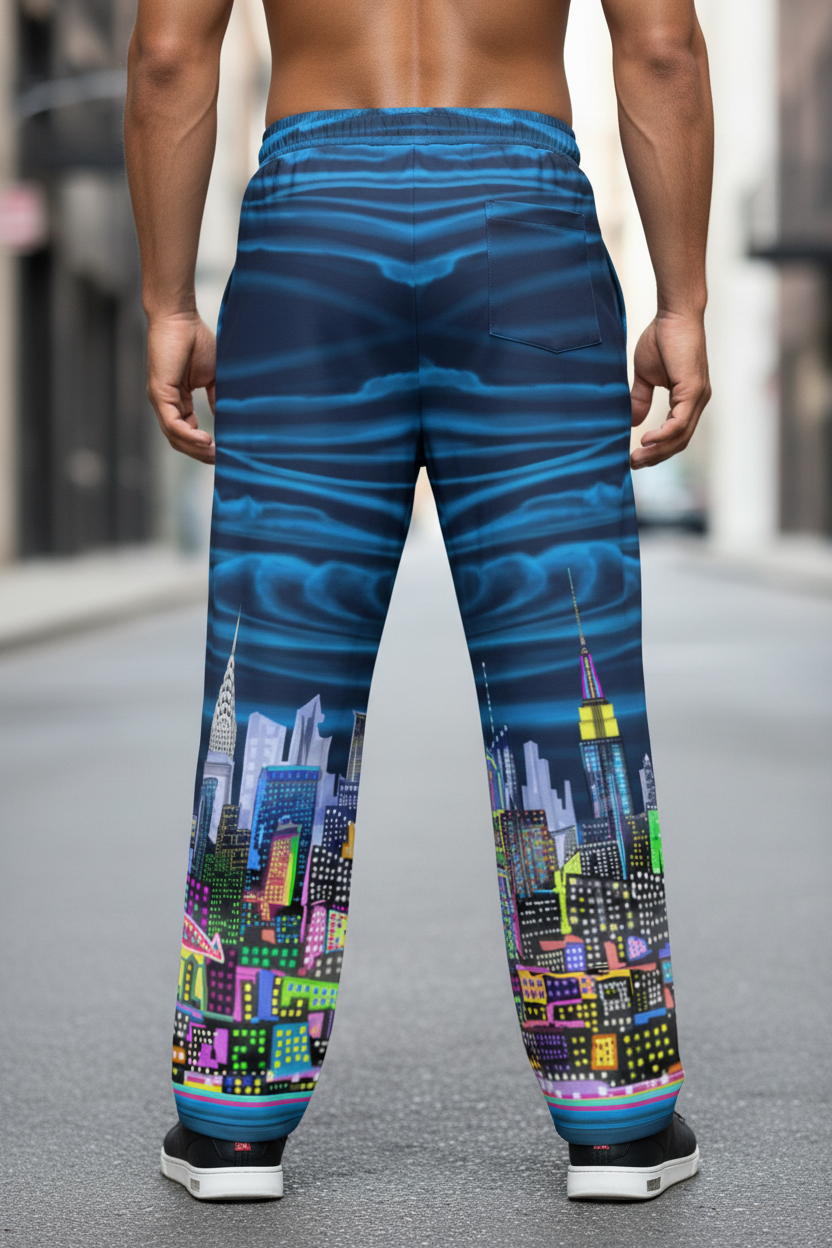 Person wearing blue Loria NYC Art pants with cityscape design on a blurred street background