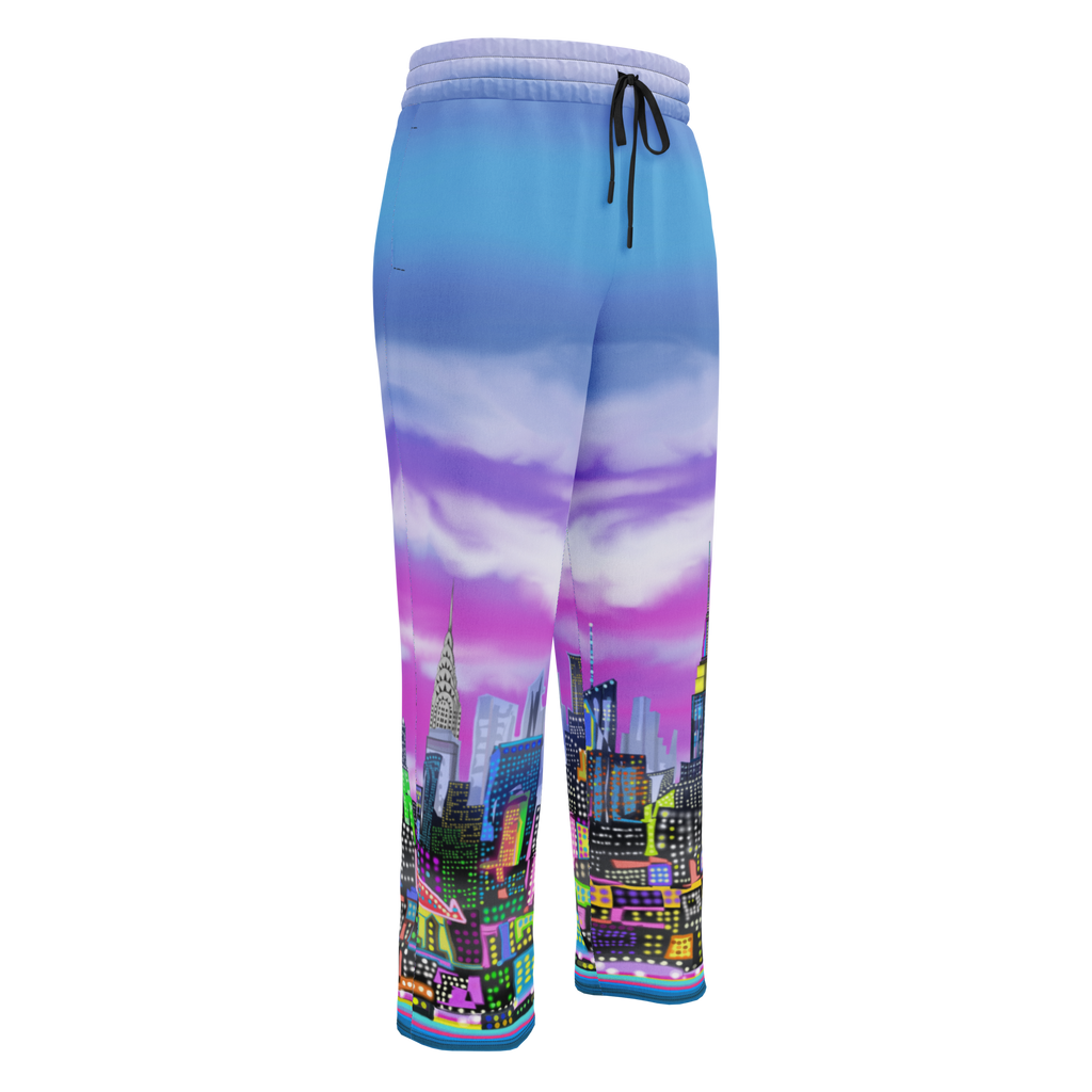Sweatpants with a cityscape Loria NYC Art design on a white background