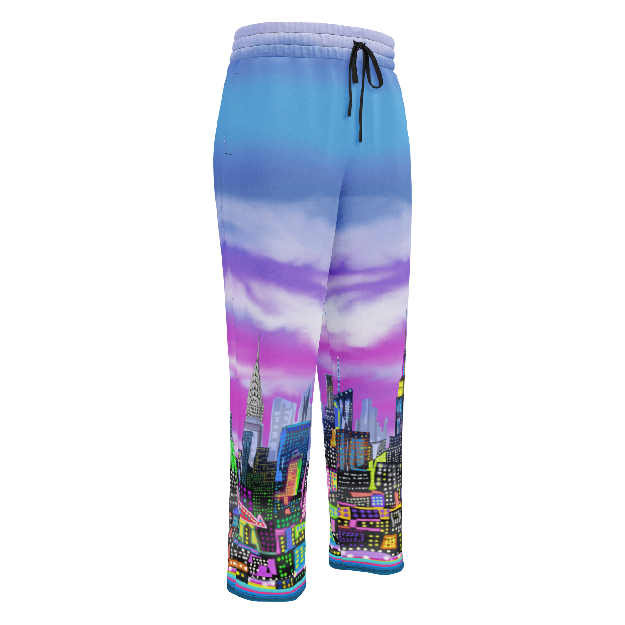 Sweatpants with a cityscape Loria NYC Art design on a white background