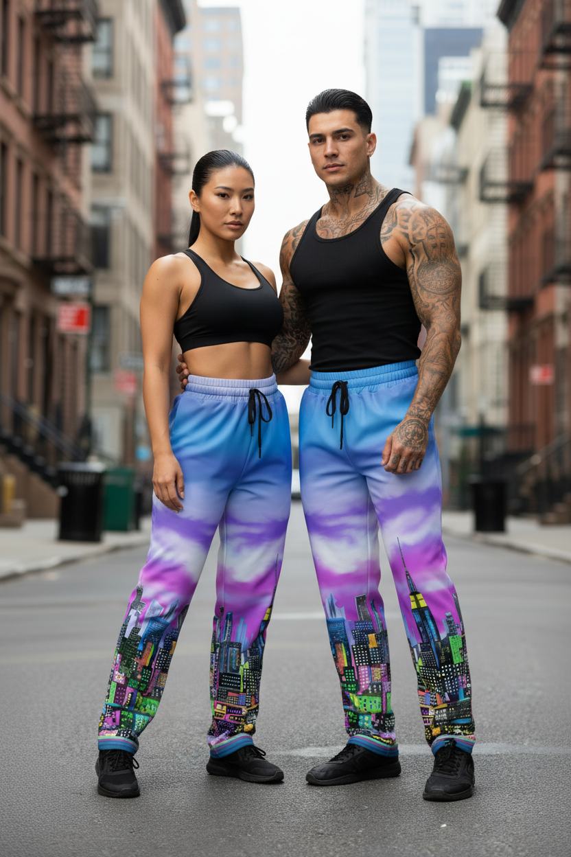Two people wearing colorful cityscape Loria NYC Art pants on a city street.