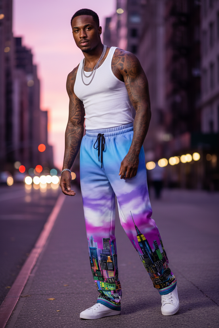 Man wearing a white tank top and Loria NYC Art colorful pants on a city street at dusk.