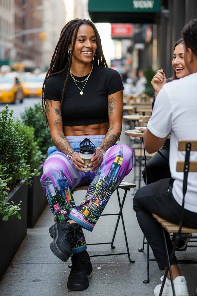 Woman sitting on a city street, wearing colorful Loria NYC Art pants and a black top, with another person nearby.
