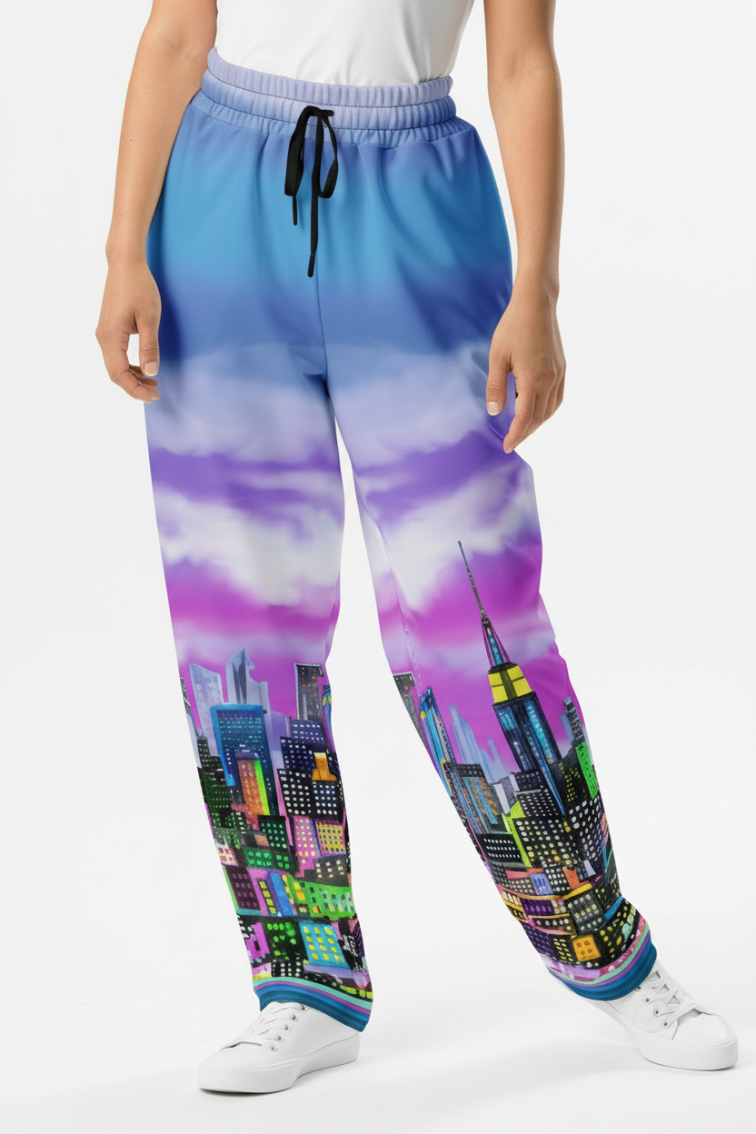 Person wearing colorful cityscape Loria NYC Art sweatpants with a white background