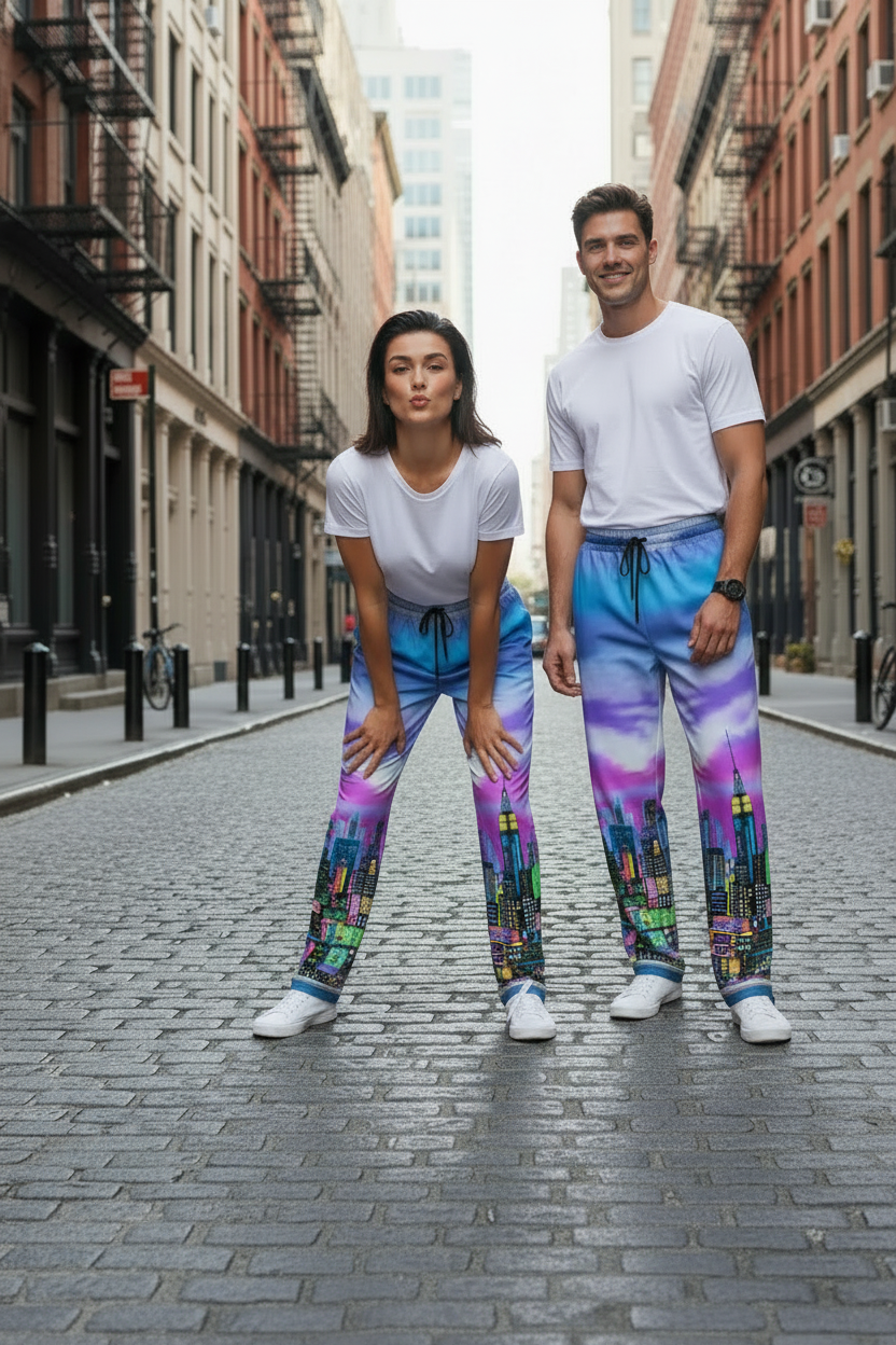 Two people wearing colorful Loria NYC Art pants on a city street.