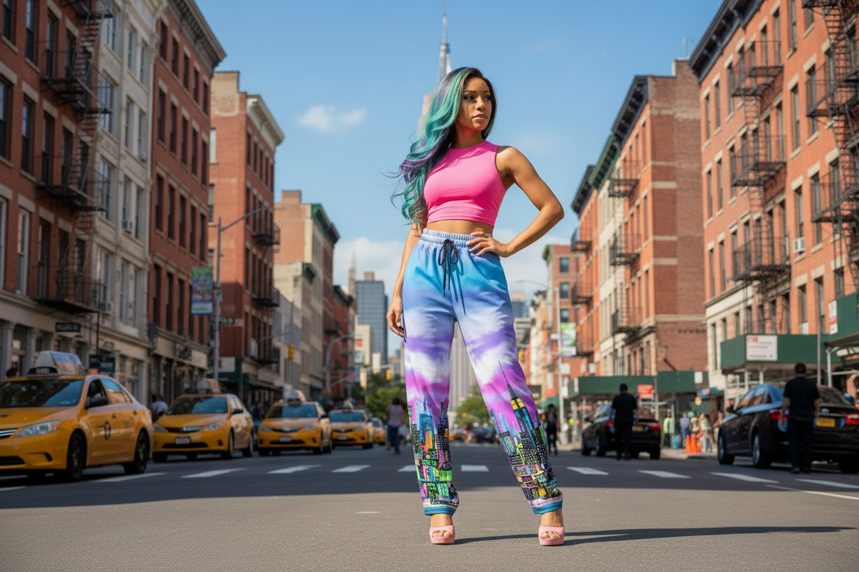 Person wearing a pink top and colorful Loria NYC Art pants standing on a city street with buildings and taxis in the background.
