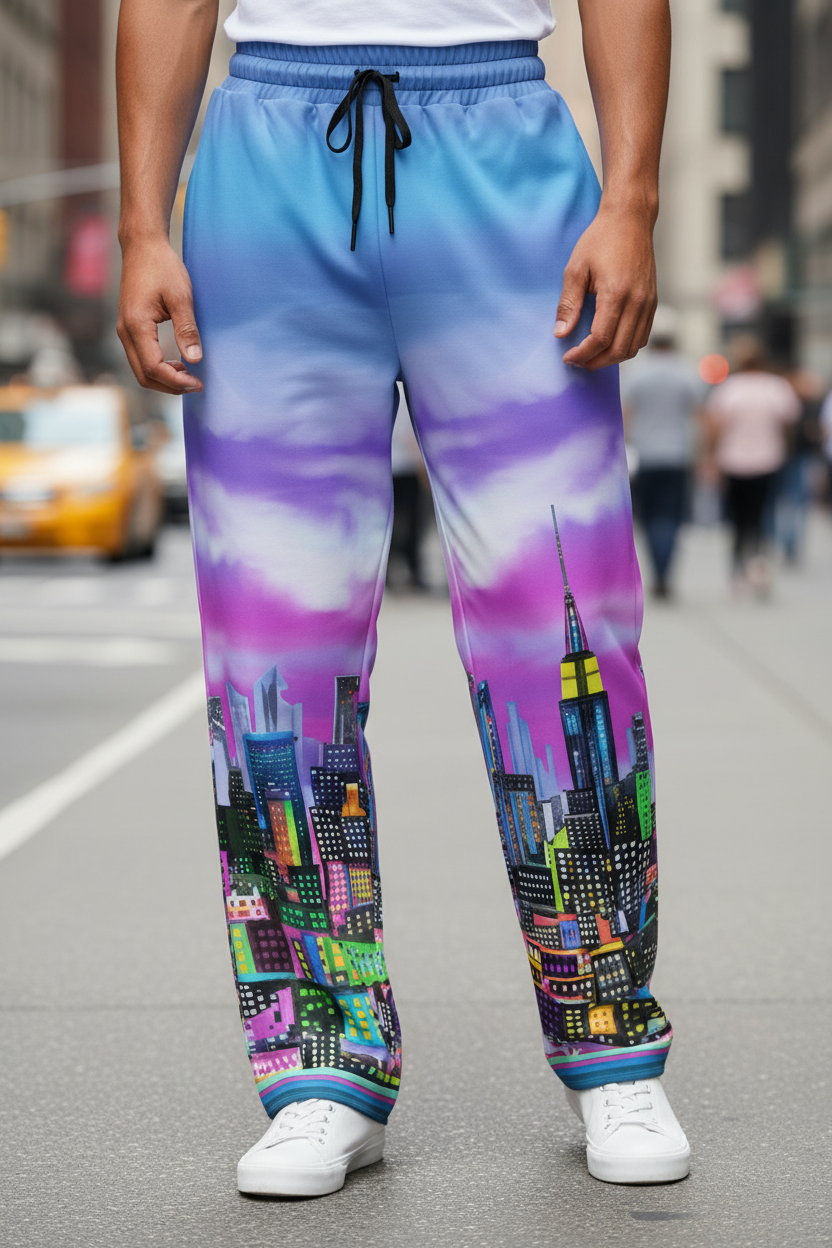 Person wearing colorful cityscape Loria NYC Art pants on a street.