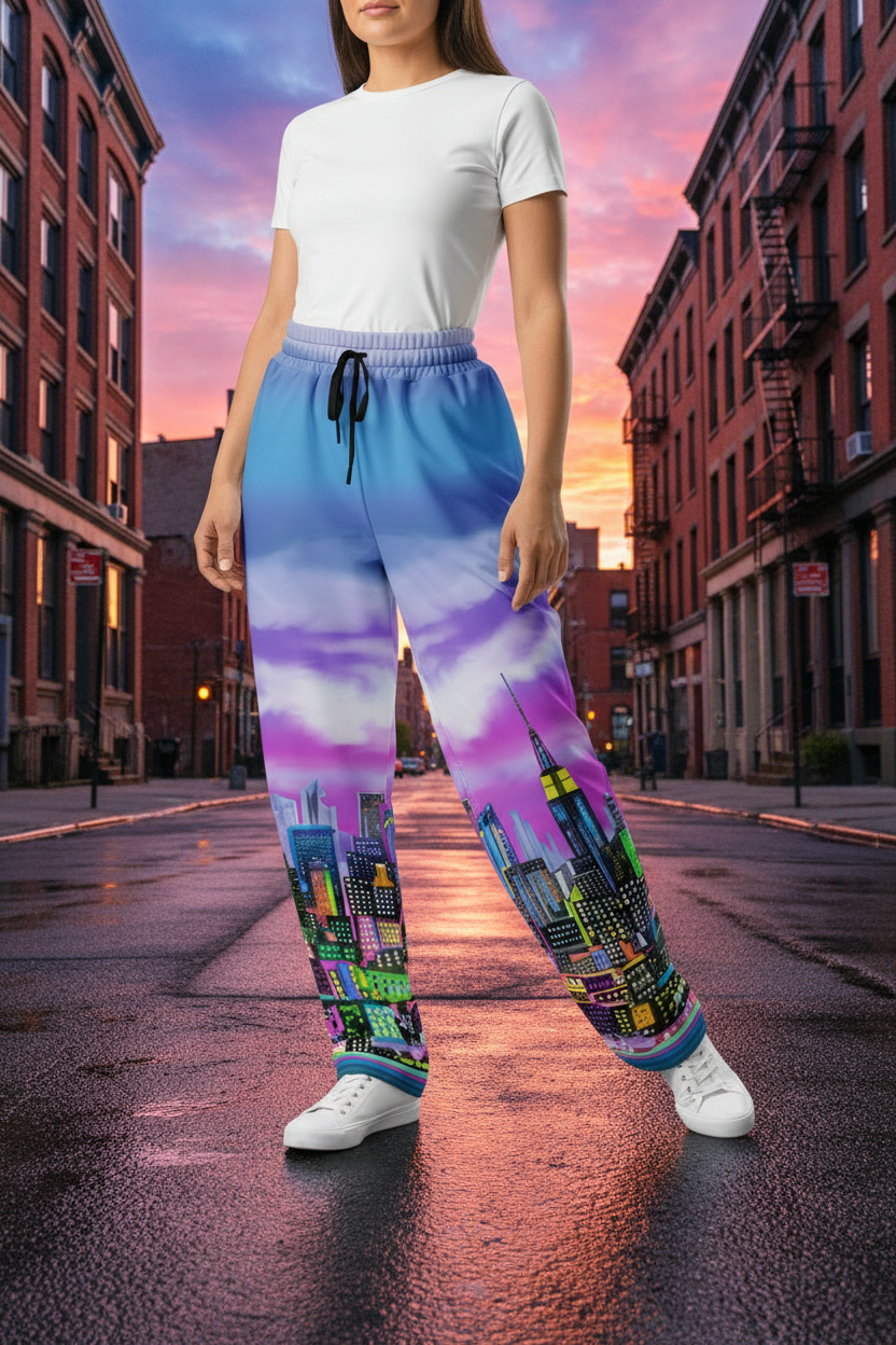 Person wearing colorful cityscape Loria NYC Art pants on a street with a sunset sky.