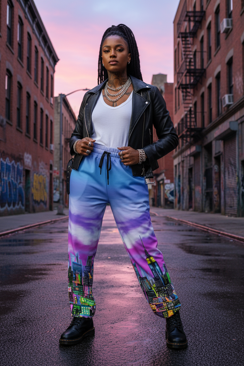 Person wearing colorful Loria NYC Art pants and a black jacket on a city street at dusk.