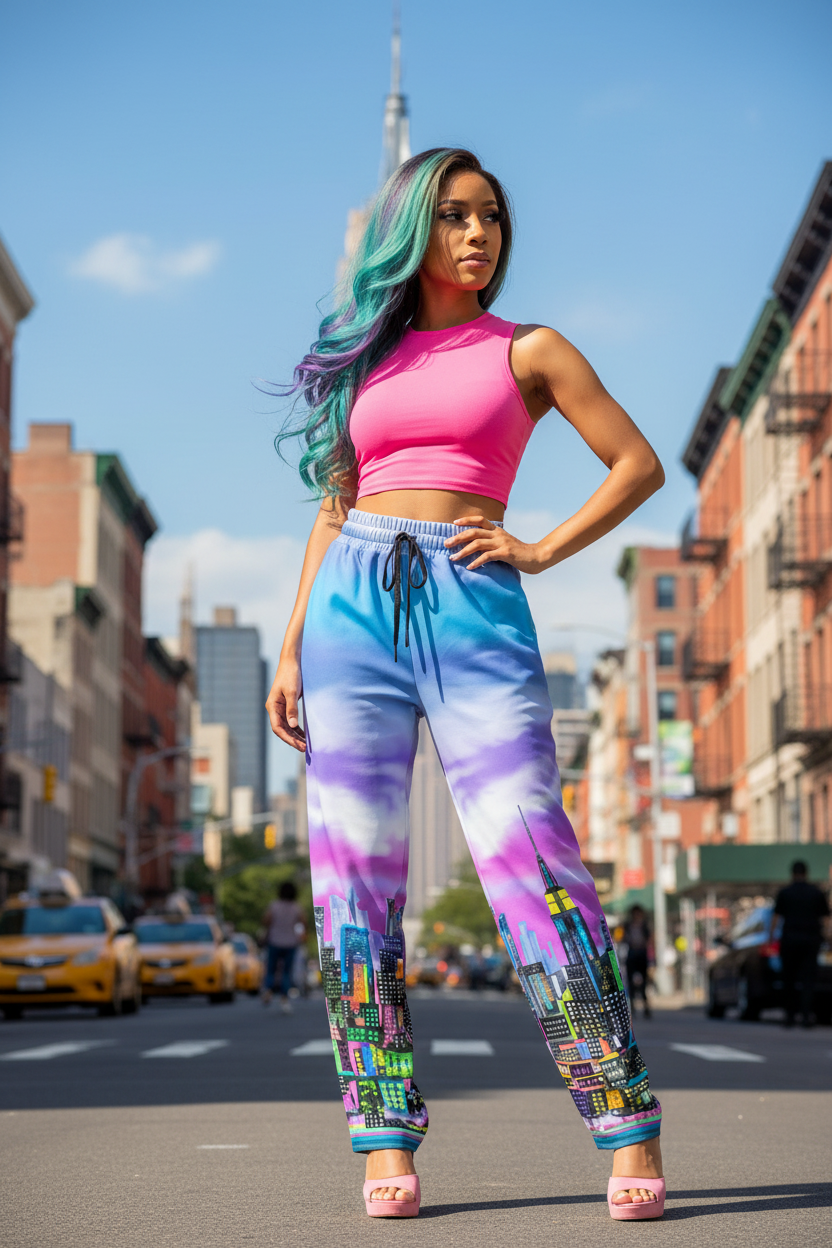 Woman in colorful Loria NYC Art pants and pink top standing on a city street