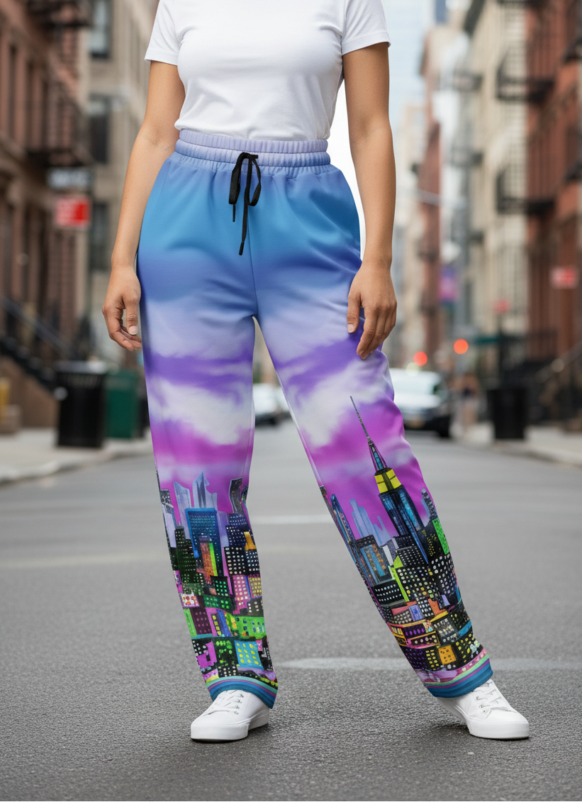 Person wearing colorful cityscape Loria NYC Art pants on a city street