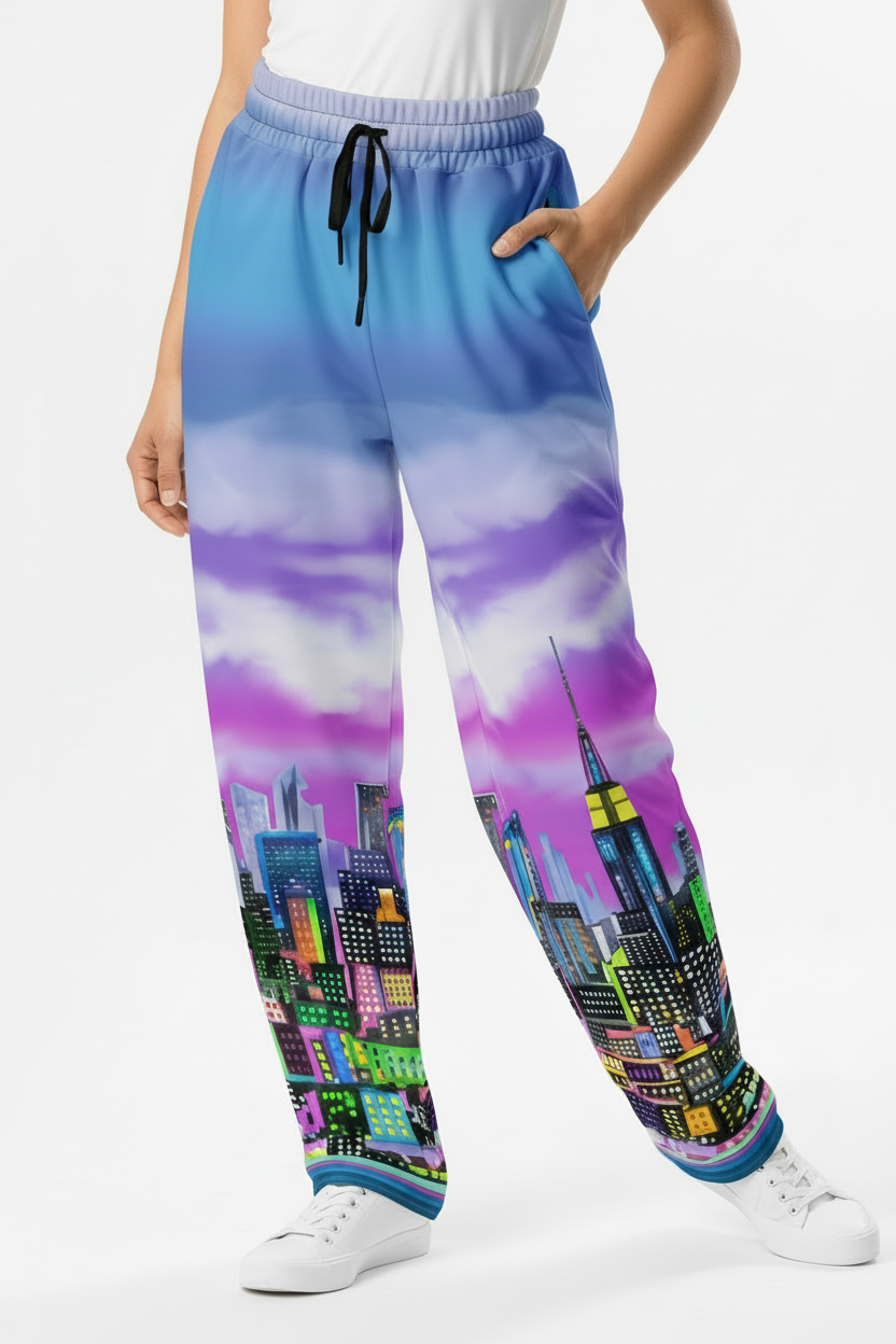 Colorful Loria NYC Art cityscape pants with a gradient sky pattern worn by a person on a white background