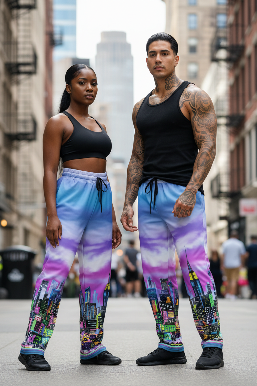 Two people wearing colorful Loria NYC Art cityscape pants on a city street.