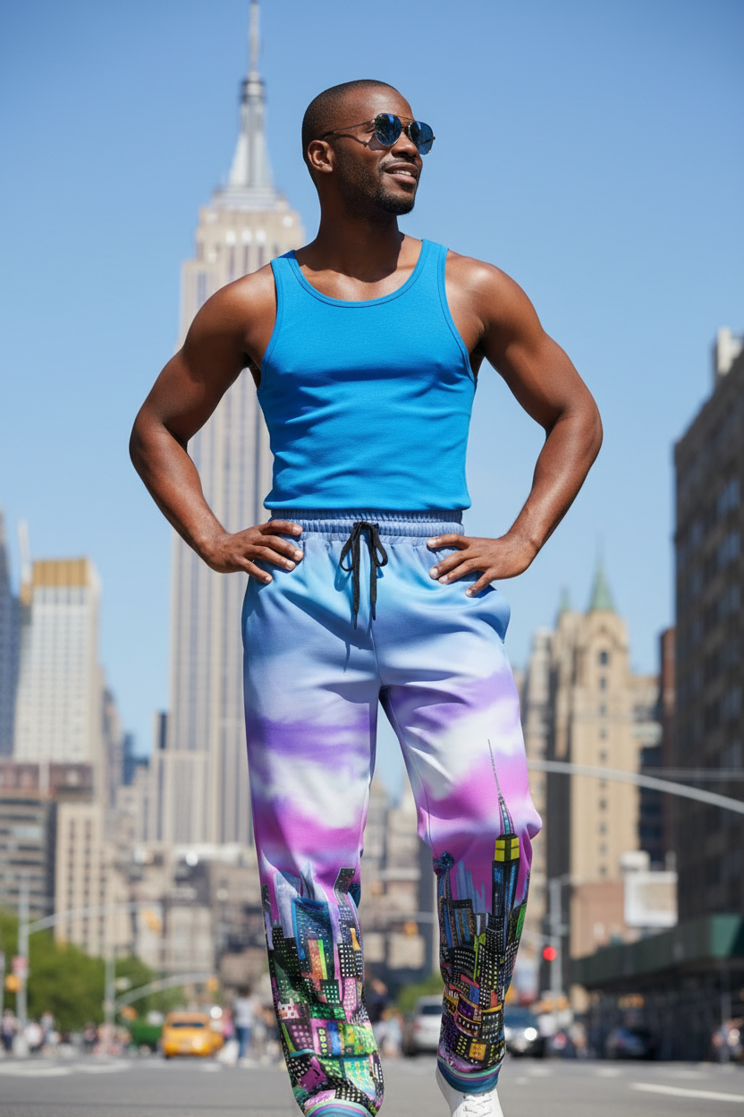 Man wearing a blue tank top and colorful Loria NYC Art pants standing on a city street with the Empire State Building in the background.