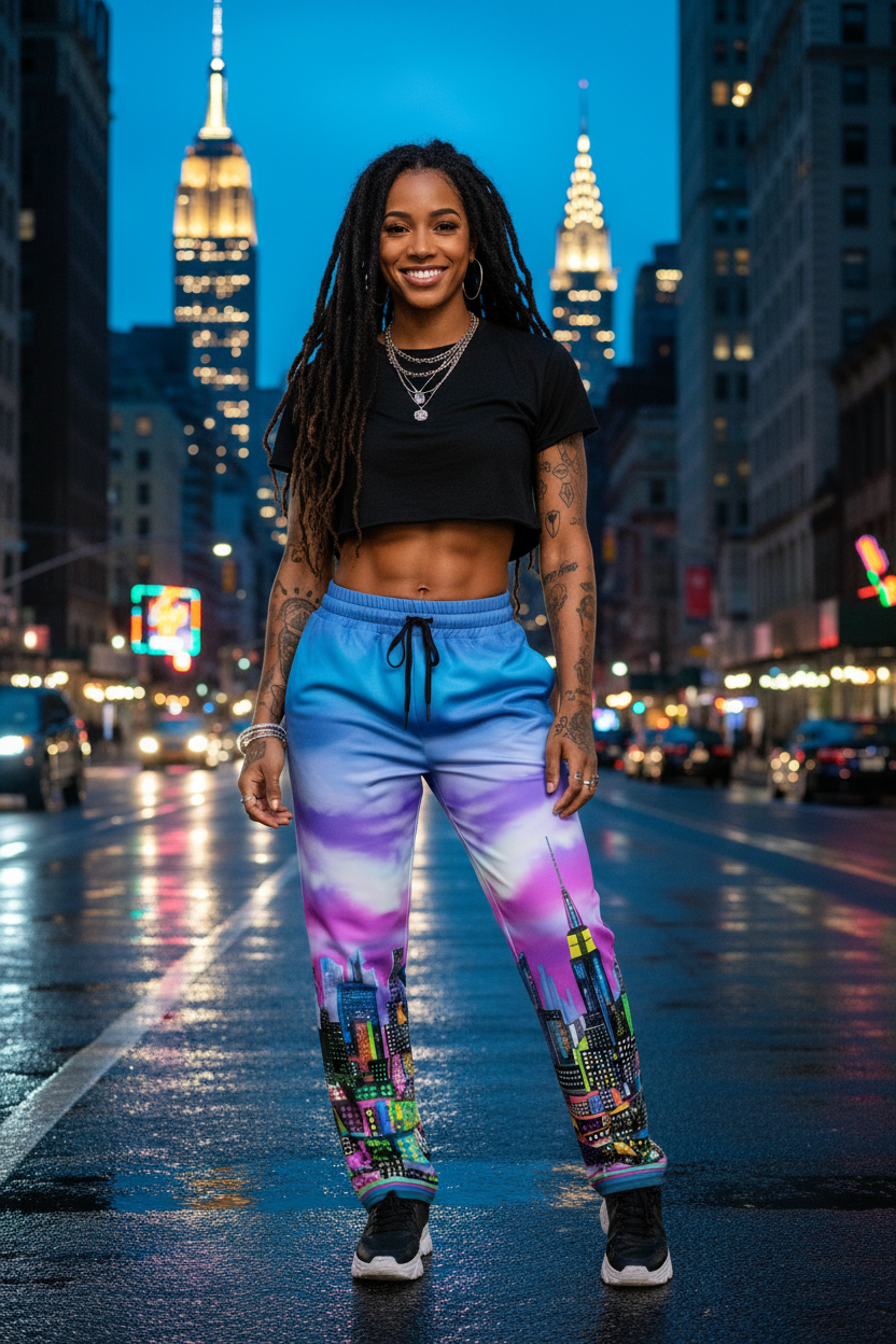 Girl wear colorful pants with Loria NYC Art design with city scape in background 