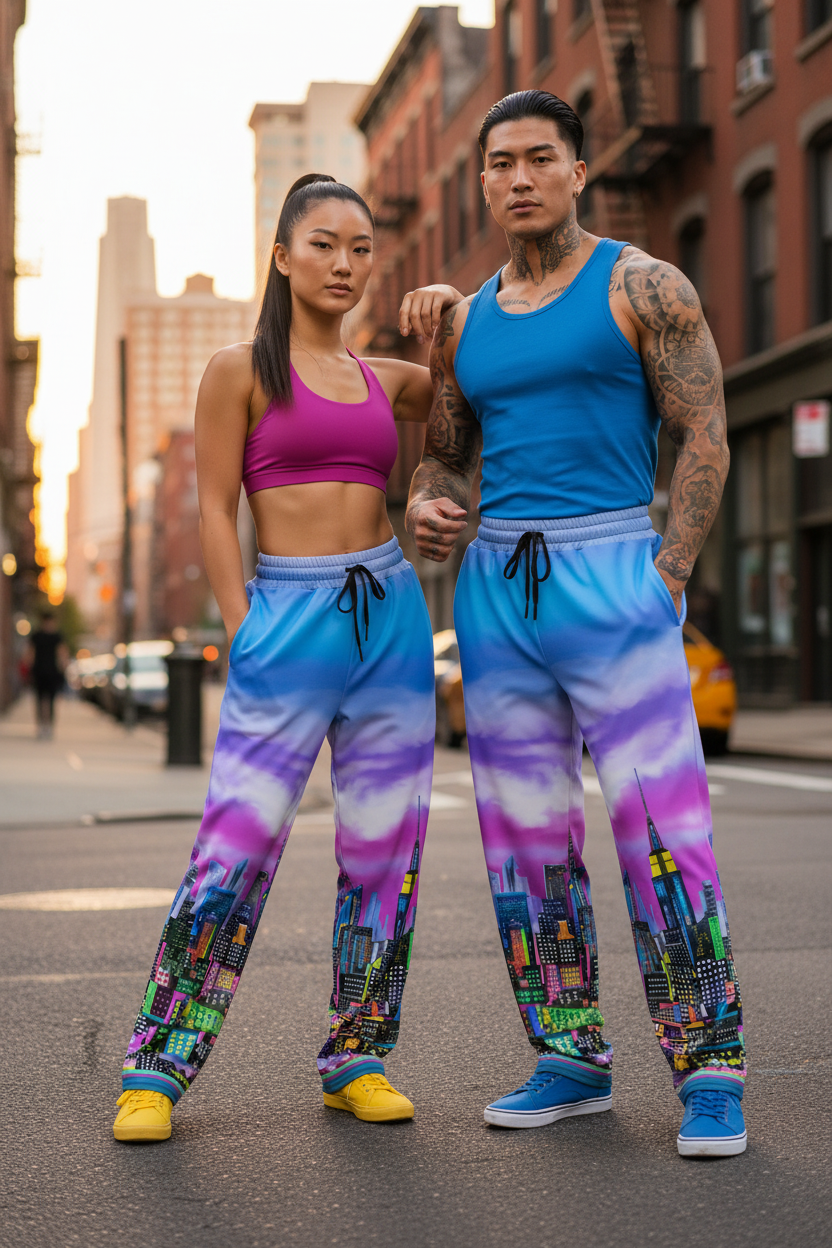Two people wearing colorful Loria NYC Art pants with cityscape design on a street. 